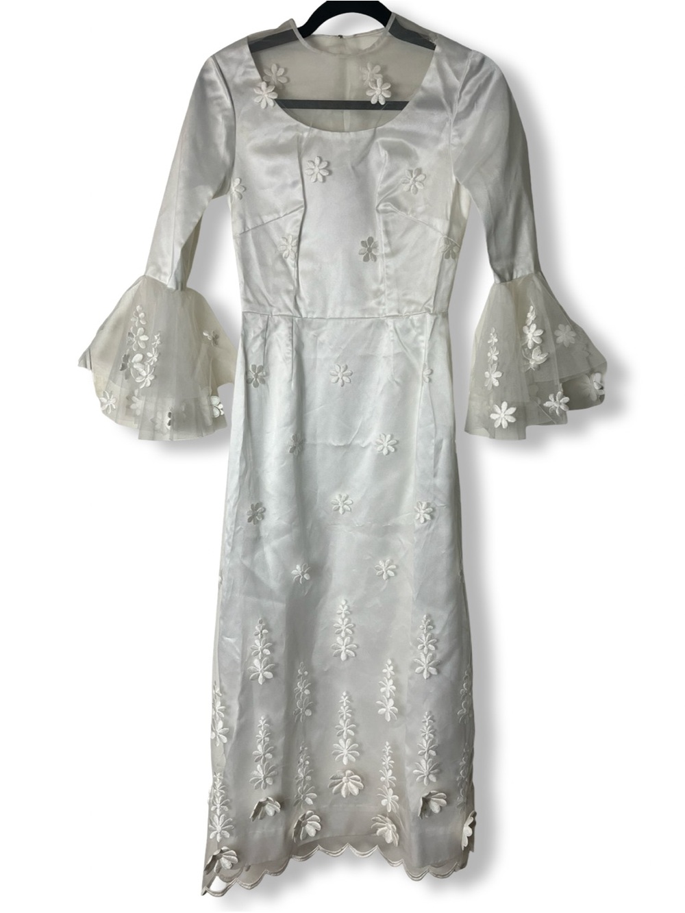Vtg 60s 70s Handmade Wedding Dress Daisy Embroidered Tulle Bell Sleeve Sz XS